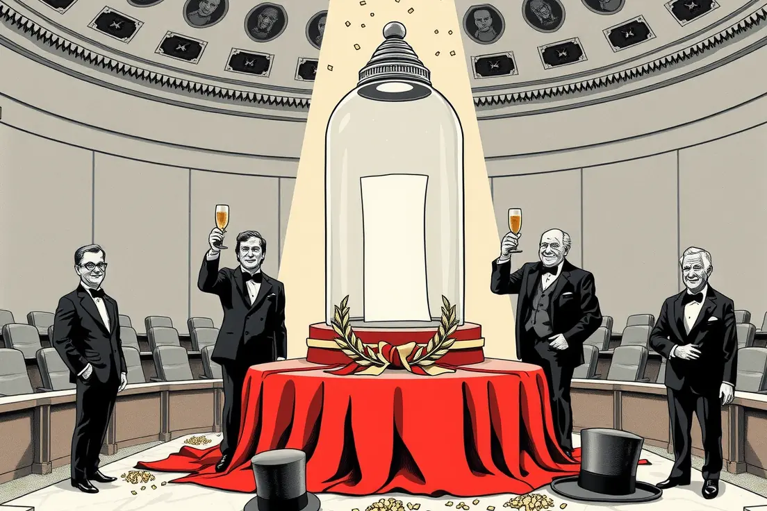 Editorial cartoon of a vast, empty domed legislative chamber, its curving rows of desks buried under grey dust and cobwebs, chairs tipped over and gallery seats shrouded in dust sheets. Spotlit dead center, a tall glass bell jar stands on an enormous pedestal draped in red velvet; inside the huge empty case sits one tiny scrap of paper the size of a cigar stub, rolled shut and tied with string, with a plain gold laurel wreath beside it. A snipped red ribbon and a giant pair of ceremonial scissors lie across the foreground. Flanking the pedestal in black tie, caricatures of four congressional leaders — the House Speaker in rimless oval glasses with a gavel under his arm, the House minority leader with a shaved head and clipped beard, the towering bald Senate majority leader, and the elderly, heavy-lidded Senate minority leader with spectacles halfway down his nose — raise champagne coupes and clink them in a high arc directly over the bell jar. Gold nuggets and blank paper confetti drift down through the dusty light, settling on their shoulders and heaping up inside two upturned top hats on the desks beside them.