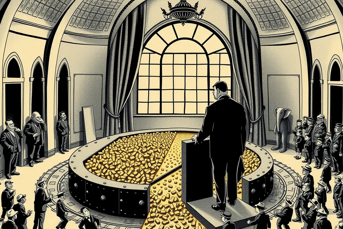 Vintage editorial-cartoon illustration of a grand oval government room turned into a gambling pit. A heavy-set dealer in a dark suit and eyeshade, seen entirely from behind, drags a croupier's rake across a huge oval felt table, sweeping a stream of rough gold nuggets one way down a brass chute into a riveted iron strongbox bolted to the floor at his heels. A donkey and an elephant in tuxedos and matching eyeshades steady the chute and slip nuggets into their own pockets, while a crowd of small faceless citizens in flat caps presses against the far edge of the table with open empty hands and trouser pockets turned inside out.