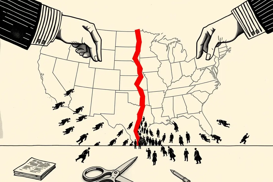 Editorial cartoon of two giant hands in suit cuffs, one from each side of the frame, tearing a large map of the United States down the middle while a small crowd of voters below is swept off the torn edges.
