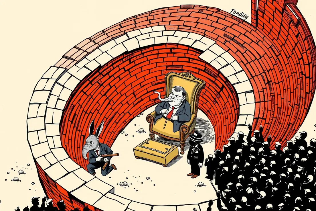Vintage editorial-cartoon illustration seen from a high angle: a donkey and an elephant in rumpled suits kneel facing each other on bare ground, four hands together on one enormous mason's trowel as they lay a red brick wall that coils inward in an unbroken spiral, its top course studded with broken glass. At the centre, a jowly politician in shirtsleeves dozes in a plush armchair bolted to the ground, hat over his face and shoes up on a footstool. A dense black silhouette crowd of tiny voters is packed along the outside of the wall, empty palms flat against the brickwork.