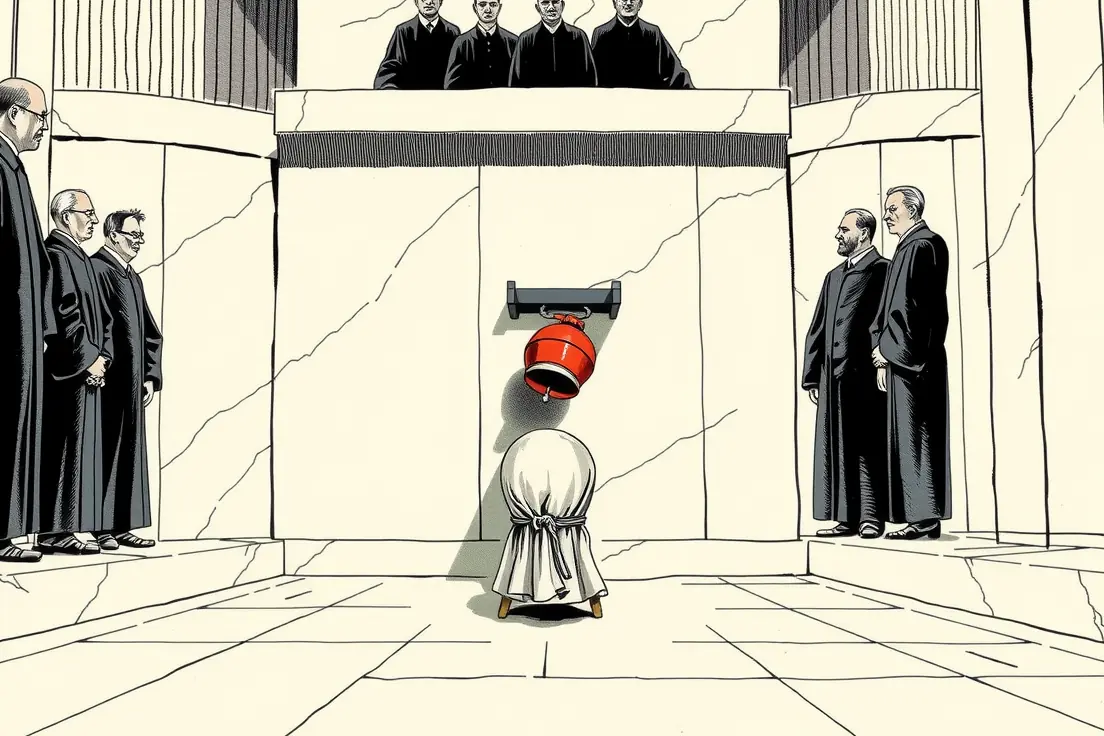 Vintage-style editorial cartoon seen from the floor: a row of nine robed figures leans shoulder to shoulder over a colossal marble bench that fills the top of the frame, their faces lost in its shadow. Far below, alone in a hard shaft of light, a small wooden chair stands still wrapped in a tied dust sheet and strung with cobwebs. On the bare wall beside it hangs a round red alarm bell whose single wire has been cut clean through, the loose end coiling on the floor, connected to nothing.