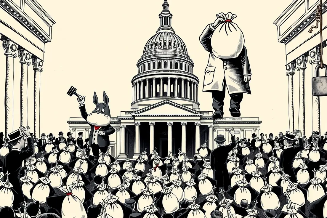 Vintage editorial cartoon: the domed United States Capitol stands on a velvet-draped auction block, lifting ropes and iron hooks still slung around its columns and its great doors hanging open. Behind it a cartoon donkey and a cartoon elephant in rumpled suits share one auctioneer's rostrum — the donkey swings the gavel down, mouth open in a shout, while the elephant primly turns a tiny key in a lunch-pail-sized tin cash box clamped with a thumbnail-sized padlock. Across the foreground, flat navy silhouettes of bidders in heavy overcoats and hats thrust bulging cloth sacks overhead; at the right a towering figure in a swallowtail coat, his head itself a swollen sack, hoists the largest sack of all. The hall is otherwise bare.