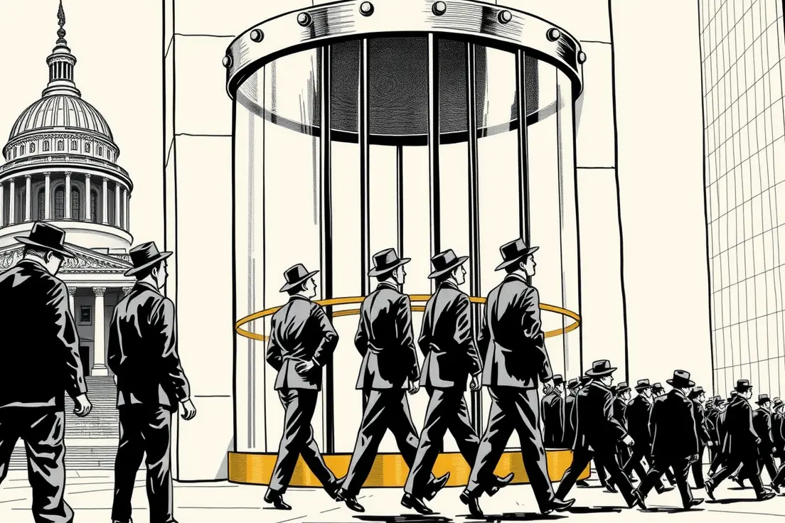 Editorial cartoon of an enormous revolving door set into a marble wall, with a plain domed capitol on one side and a mirrored office tower on the other; identical figures in suits enter from the capitol side empty-handed and emerge on the tower side carrying bulging cases.