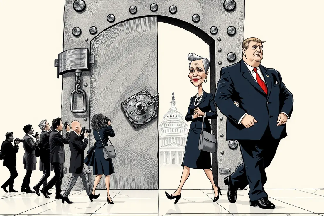 Vintage editorial-cartoon illustration of an enormous chained and padlocked bank-vault door hung in a lone freestanding stone doorframe, the bare marble floor running on unobstructed past either end of it. Silhouetted press photographers seen from behind fire flashbulbs at the sealed door while two caricatured officeholders stroll arm in arm through the open space beside it — a slim elderly congresswoman with a silver bob, pearls and a navy suit shouldering one soaring red arrow, and a heavyset president in a long red necktie carrying a bundle of the same arrows under his arm — both with pockets bulging, a faint Capitol dome behind them.