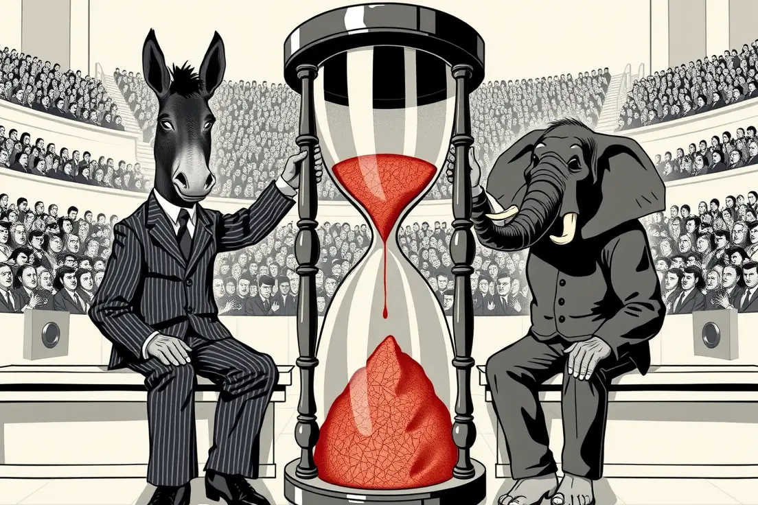 Vintage editorial-cartoon illustration: a colossal hourglass stands at the center of a bare marble committee chamber, its upper bulb empty and its lower bulb heaped past full with red sand that has spilled into a cone around the base. A jowly donkey and a jowly elephant in rumpled pinstripe suits sit on benches to either side in identical mirrored poses, each hooking an arm around the frame and leaning their weight against it to hold it down. Their hands, forearms and trouser seats have hardened into cracked grey stone fused into the bench, with dust banked deep around their shoes. In the steep tiered gallery behind them, a vast crowd of tiny anonymous citizens votes by show of hands.